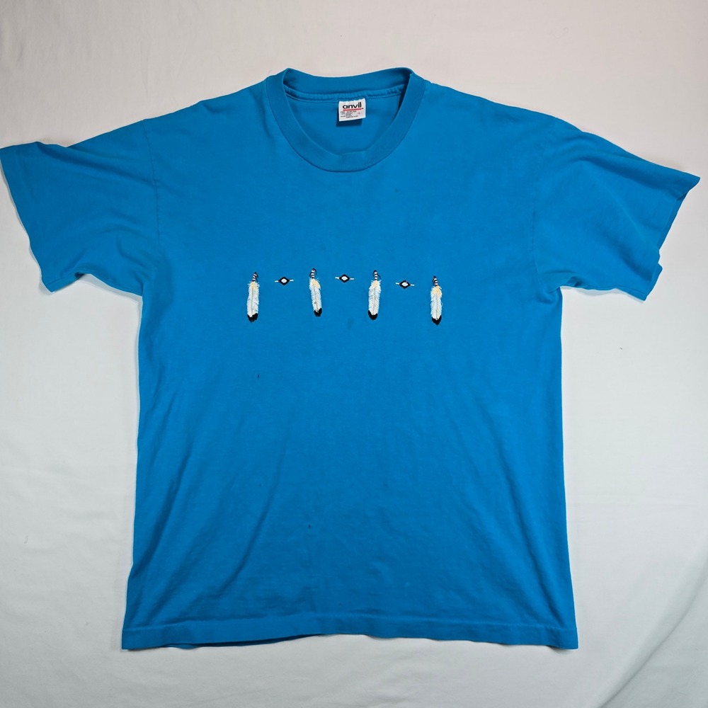 Vintage Anvil Blue Embroidered Feather T-Shirt Made in USA Single Stitch Large